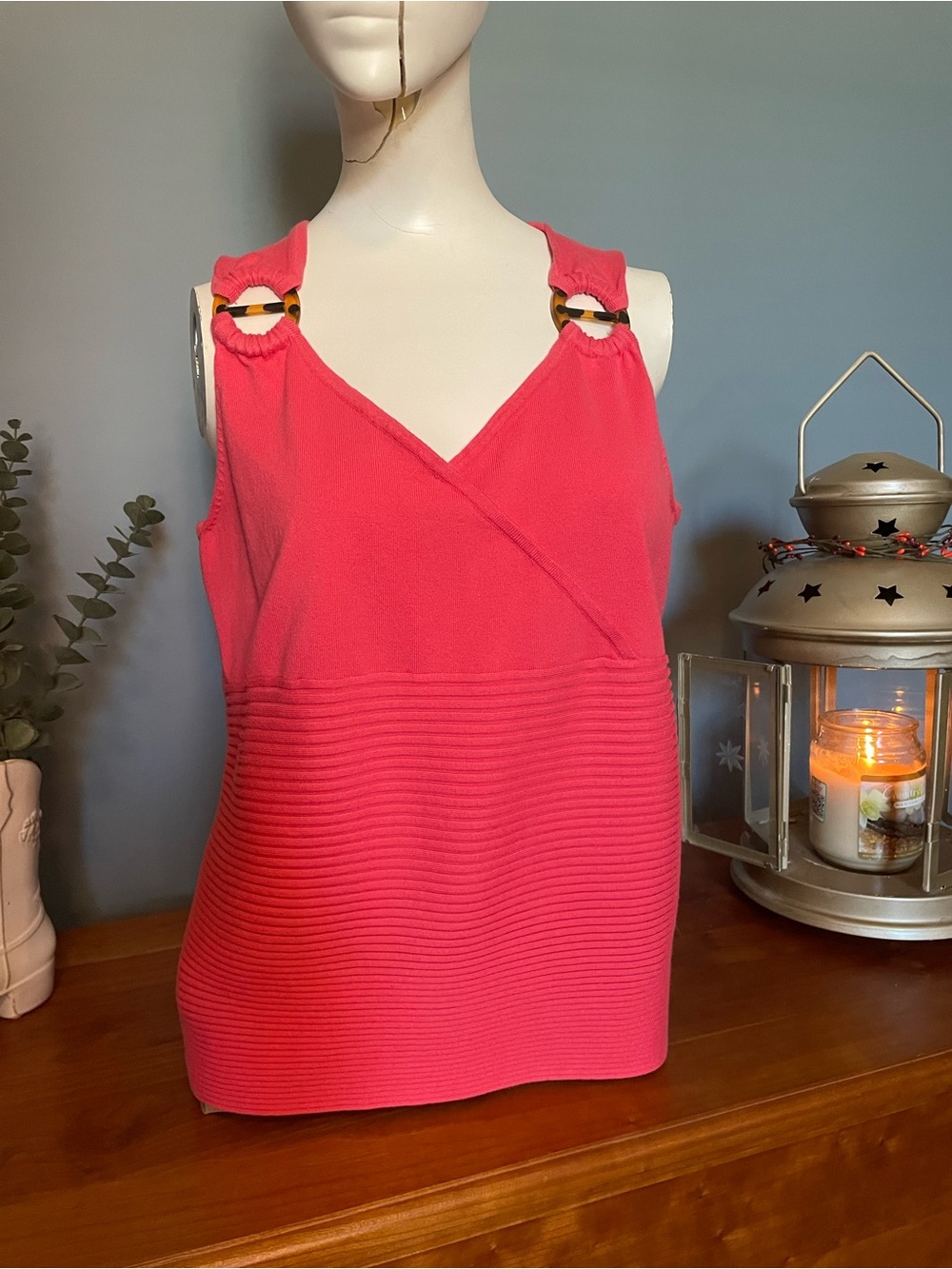 august silk Coral Pink Sleeveless V-Neck Tank with turquoise Ring Accents